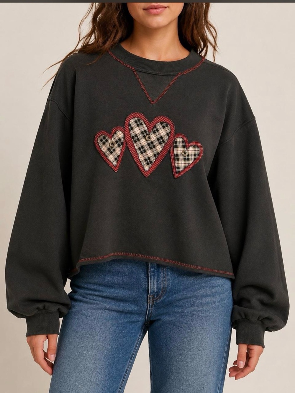 Vintage Jerzees Black Sweatshirt with Plaid Heart Appliques